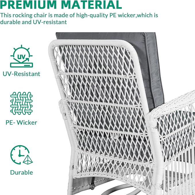 VIVIJASON 5-Piece Outdoor Patio White Wicker Conversation Sets, All Weather Outdoor Rattan Furniture Set Includes Glider Loveseat, 2 Coffee Table, 2 Swivel-Gliders Chairs with Cushions, Grey