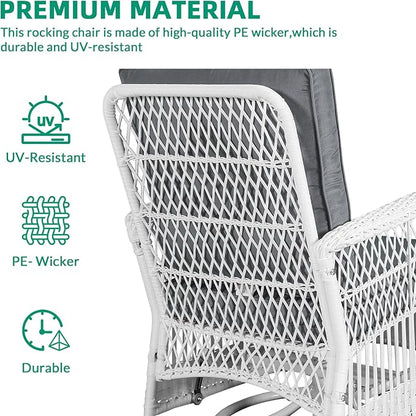 VIVIJASON 3-Piece Outdoor Conversation Bistro Set, Patio Swivel Glider Rocking Chairs Rattan Furniture Sets w/ 2 White Rattan Chairs, Glass Top Side Table for Porch Backyard, Grey Cushions