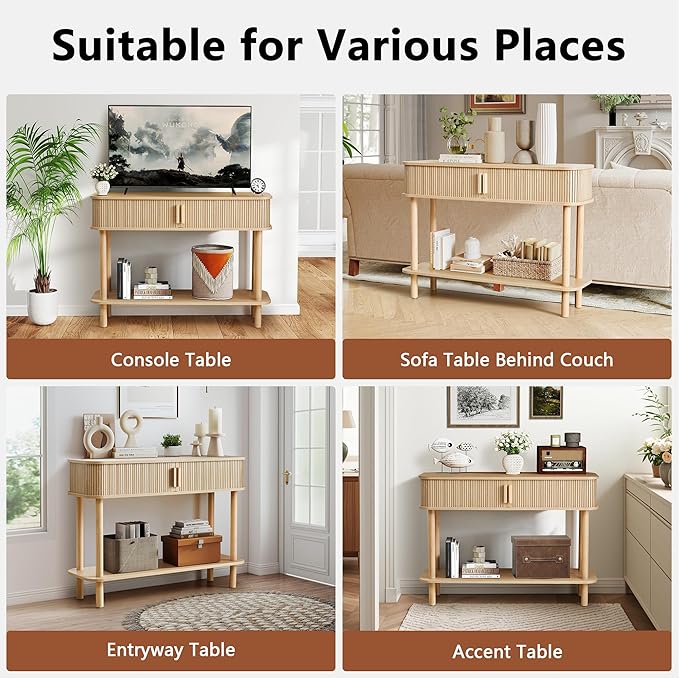 RARZOE Console Table with Storage, Fluted Entryway Table with Sliding Door&Open Shelf, Sofa Table Behind Couch, Mid-Century Modern Accent Table for Hallway, Entrance, Foyer, Fully Assembled(Natural)