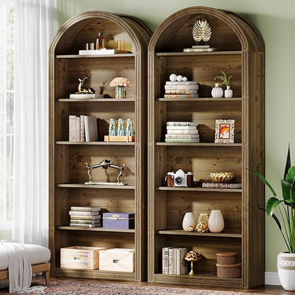 Tribesigns 77.16" Tall Arched Bookshelf, 6-Tier White Arched Bookcase with Storage Shelves for Living Room, Bedroom, Set of 2 (Brown, 6-Tier)