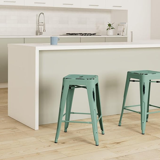 Vogue Furniture Direct 24 Inch Metal Bar Stools, Backless Counter Height Barstools, Indoor Outdoor Stackable Stools with Square Seat, Set of 4 (Distressed Mint Green)