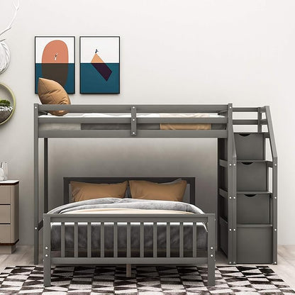 Twin Over Full Wood Loft Bed with Staircase,High Guardrails and Ladder-Handrails,Ladder W/ 3 Storage Grids,Bedroom Furniture for Children,Teens,Adults,Gray