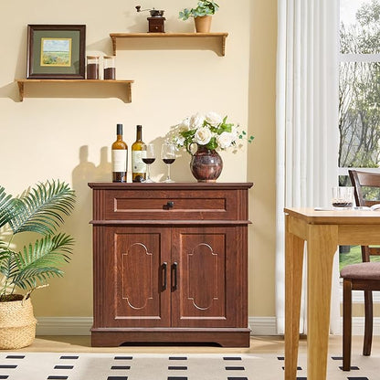 Farmhouse Storage Cabinet with 2 Doors and 1 Drawer, Adjustable Shelf, Freestanding Kitchen Pantry Cabinet, Modern Buffet Sideboard Coffee Bar Cabinet Living Room Bathroom Dining Room Cherry