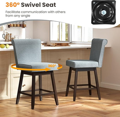 COSTWAY Swivel Bar Stools Set of 4, 27" Counter Height Bar Chairs with Rubber Wood Legs, Upholstered Linen Barstools with Back & Cushioned Seat, for Kitchen Island, Home, Pub, Grey