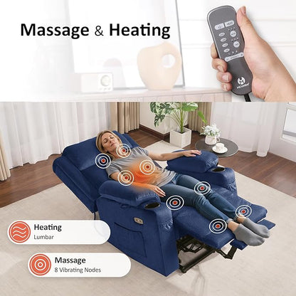 MCombo Large Triple Motor Power Lift Recliner Chair with Massage and Heat for Elderly People, Adjustable Headrest, Infinite Position, USB Ports, Fabric 7662 (Navy Blue, Large)