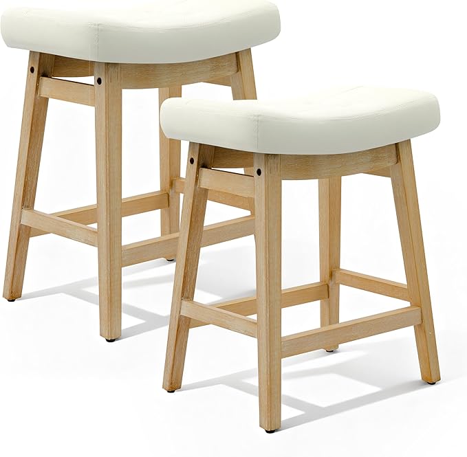 Counter Height Bar Stools Set of 2 for Kitchen Island Modern Barstools with Upholstered Faux Leather Backless Seat and Solid Wood Legs, 24 inch Farmhouse Bar Chairs, White