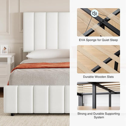 Garvee Queen Size Bed Frame with 4 Storage Drawers, Adjustable Height Headboard, Linen Upholstered Platform Bed Frame, No Box Spring Needed, Easy Assembly, White