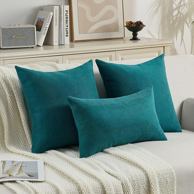FUTEI Teal Chenille Throw Pillow Covers 18x18 Inch Set of 2,Soft Wide Chevron Textured Cushion Case,Farmhouse Home Decor for Couch Bed Living Room