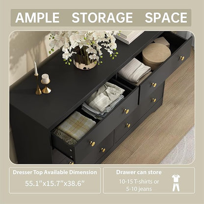 Black Dresser for Bedroom, 8 Drawer Dresser with Large Drawers, 55 Inch Wide Wood Chest for Living Room, Hallway