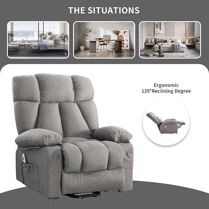 Oversized Power Lift Recliner Chair for Elderly, Big and Tall Lift Chair with Massage and Heat for Living Room, Fabric Electric Recliner Chairs with 4 Side Pockets, USB Charge Port,Grey