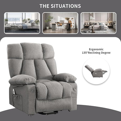 Oversized Power Lift Recliner Chair for Elderly, Big and Tall Lift Chair with Massage and Heat for Living Room, Fabric Electric Recliner Chairs with 4 Side Pockets, USB Charge Port,Grey