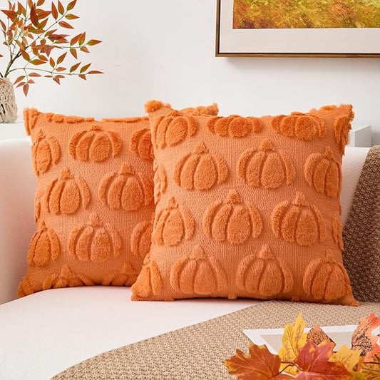 Kevin Textile Fall Pillow Covers 18x18 Inch Set of 2 Soft Pumpkins Decorative Square Pillowcases Plush Autumn Faux Fur Cushions Harvest Gift for Couch Sofa Chair Bedroom Home Decor, Orange