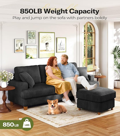 87in Corduroy Couch, Kidirect Sofa No Tool Assembly, Comfy Couches for Living Room 21in Deeper Seats, Corduroy Sofas for Living Room with 2 Pillows, Oversized Loveseat Sofa, Boho Love Seat Black Couch