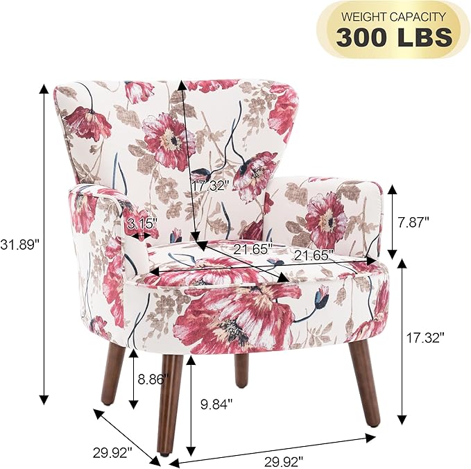 Floral Accent Chair, Upholstered Living Room Chairs with Solid Wood Legs, Mid Century Modern Velvet High Back Armchair for Living Room, Bedroom, Pink