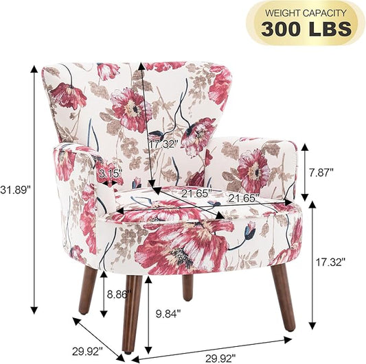 Floral Accent Chair Set of 2, Upholstered Living Room Chairs with Solid Wood Legs, Mid Century Modern Velvet High Back Armchair for Bedroom, Living Room, Pink