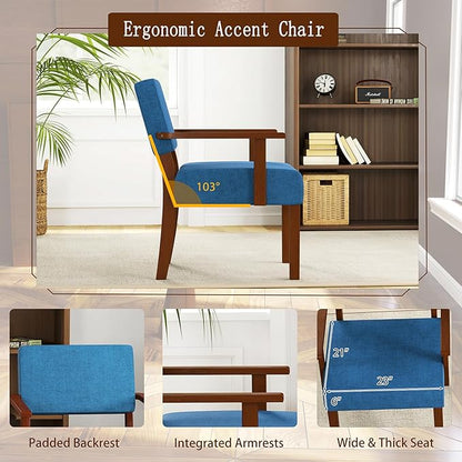KOMFOTT Upholstered Accent Chair, Mid-Century Modern Armchair with Rubber Wood Frame, Linen Fabric Living Room Chair with Padded Seat & Backrest, Comfy Reading Chair for Bedroom, Waiting Room, Blue