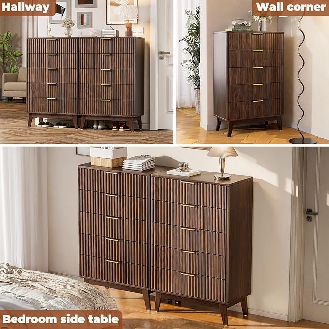Modern Fluted 5 Drawer Tall Dresser, 48" H, Walnut, Curved Profile Design, Mid Century Wood Chest of Drawers for Bedroom, Living Room, Hallway