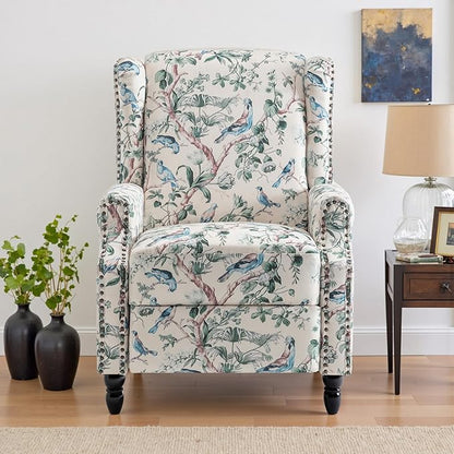 UIXE Pushback Floral Recliner Chair, Fabric Upholstered Armchair Push Back Accent Chair for Living Room, Rivet Trim Club Chair Home Theater Single Sofa Bedroom Reading Seat - Bird