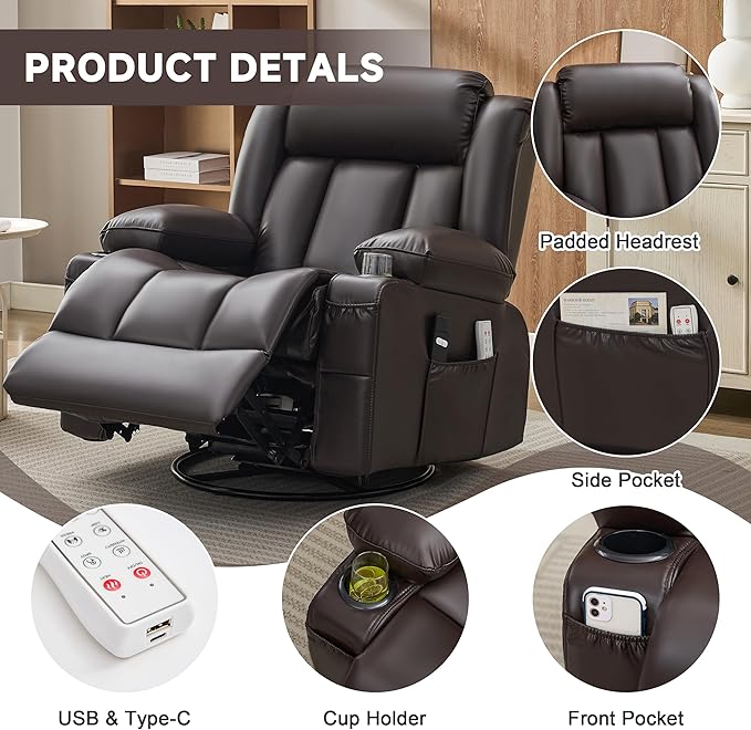 Power Swivel Rocker Recliner Chair with Heat and Massage, USB and Type-C Charging Port, Electric Glider Rocking Chairs, Oversized Recliner Chairs for Adults(Leather, Dark Brown)