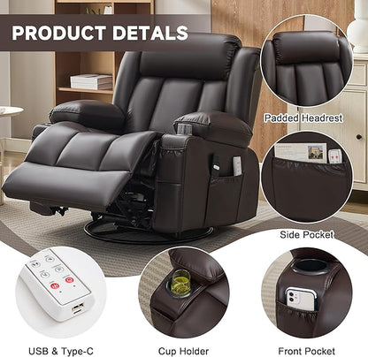 Power Swivel Rocker Recliner Chair with Heat and Massage, USB and Type-C Charging Port, Electric Glider Rocking Chairs, Oversized Recliner Chairs for Adults(Leather, Dark Brown)