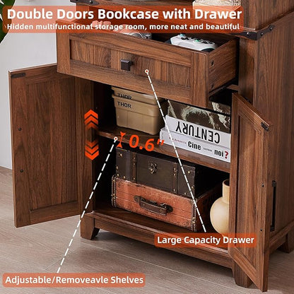 72in Tall Bookshelf 7 Tier Bookcase with Drawer and Barn Doors and Adjustable Shelves, Brown Farmhouse Book Shelf with Storage Cabinet, Wood Freestanding Display Bookshelves for Kitchen (2PCS)