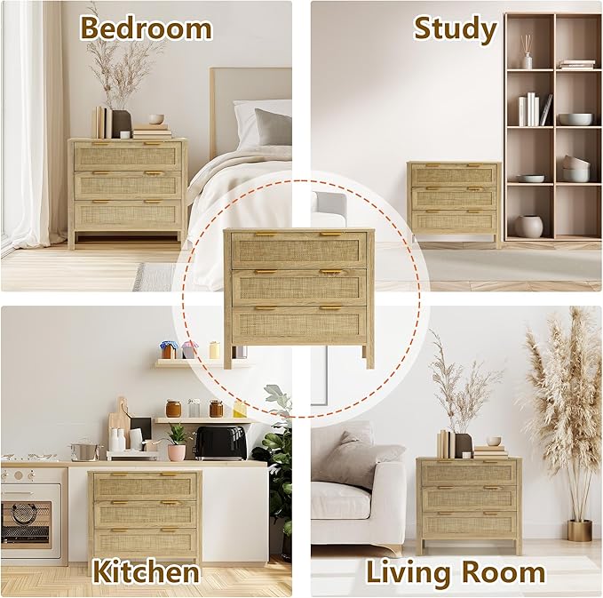 3 Drawer Dressers for Bedroom, Rattan Dresser with Drawers, Modern Wood Dresser with Metal Handles, Chest of Drawers for Bedroom, Living Room, Entryway (3 Drawer)