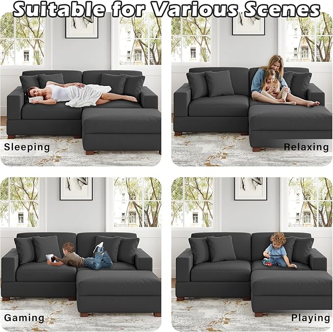 Modular Sectional Couches for Living Room, Modern Loveseat 2-Seater Sofa Couch with Ottoman, Upholstered Couches for Living Room Bedroom, Grey