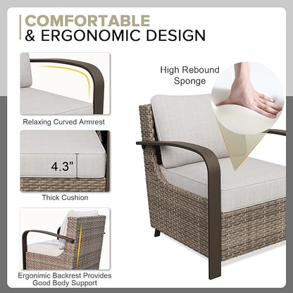 COOS BAY Aurora Terrace Half-Moon Outdoor Furniture Set, Rattan Conversation Set with Patio Chairs, Curved 4-Seat Sofa, Coffee Table, Seats 6, Beige/Beige