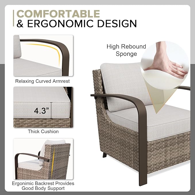 COOS BAY Aurora Terrace Half-Moon Outdoor Furniture Set, Rattan Conversation Set with Patio Chairs, Curved 5-Seat Sofa, Coffee Table & Side Table, Seats 7, Beige/Beige