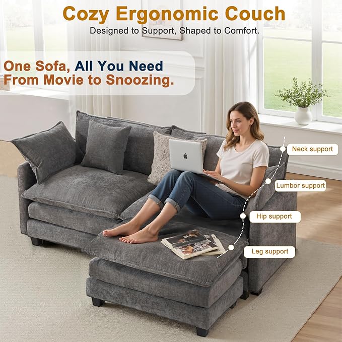 Cloud Chenille L-Shaped Sofa with Ottoman, 77" Space Saving Sectional Loveseat with Chaise, for Small Spaces, Easy Assembly, 1YR Warranty
