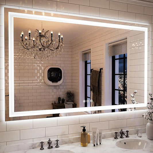 ISKM 57'' x 36'' LED Mirror for Bathroom Lighted Vanity Mirror for Wall Front Lights + Backlit LED Bathroom Mirror Anti-Fog Tempered Glass ETL Listed