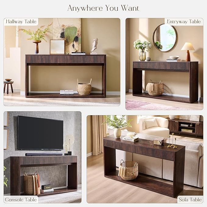 OKD 63" Fluted Console Table for Entryway, Modern Entryway Table with 2 Large Drawers, Long Sofa Table Behind Couch for Living Room, Hallway, Couch, Foyer，Dark Walnut