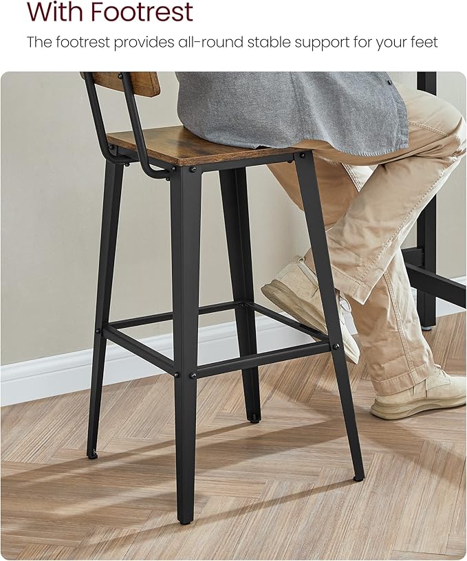 VASAGLE Set of 4 Bar Stools, Bar Height Stools, 29.1 Inches Tall Barstools with Back, Counter Bar Chairs for Kitchen Island, Steel Frame, Industrial Style, Easy Assembly, Rustic Brown and Ink Black