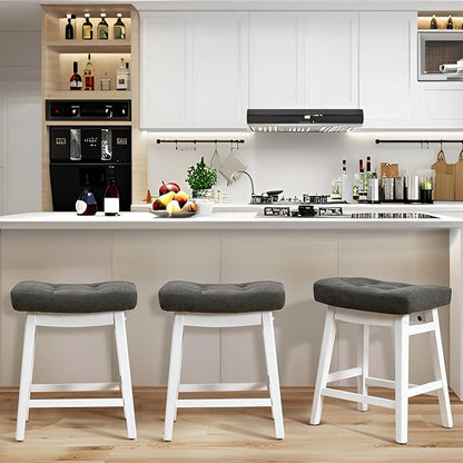 Counter Height Bar Stools Set of 3 for Kitchen Counter Farmhouse Modern Barstools with Faux Leather Upholstered Backless Seat and Solid Wood Legs 24 inch Bar Chairs, Grey + White