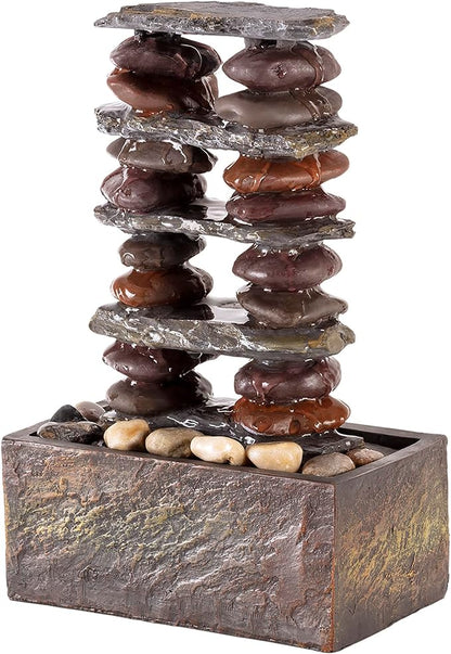 Alpine Corporation TT8002 Indoor/Outdoor Tabletop Stacked Rocks Eternity Fountain, Modern Rocks Tabletop Fountain 12", Brown