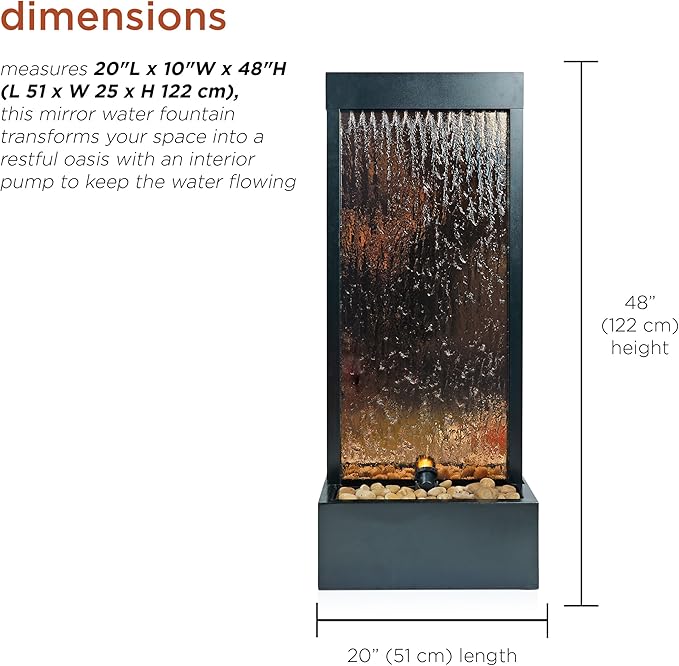 Alpine Corporation - Mirror Waterfall Fountain with Stones & Lights - Zen Indoor/Outdoor Decor for Office, Living Room, Patio, Entryway - 48 Inches (Bronze)