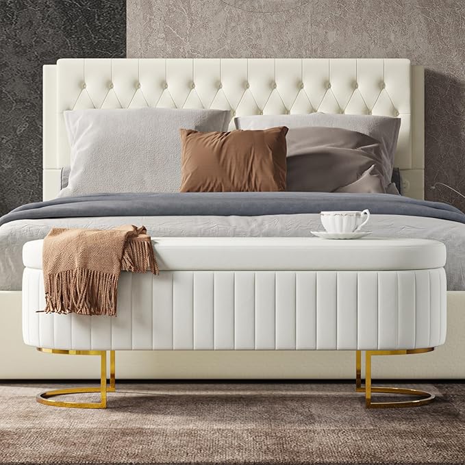 EcoHarbor Living 50" Storage Ottoman Bench with 2 Additional Ottomans, End of Bed Bench Bedroom Bench, Upholstered Velvet Long Window Bench with Gold Legs, Flipping Lid Entryway Footrest