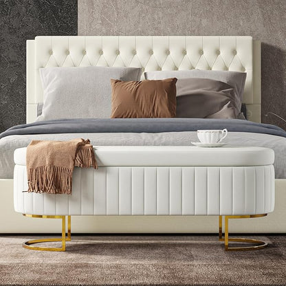 EcoHarbor Living 50" Storage Ottoman Bench with 2 Additional Ottomans, End of Bed Bench Bedroom Bench, Upholstered Velvet Long Window Bench with Gold Legs, Flipping Lid Entryway Footrest