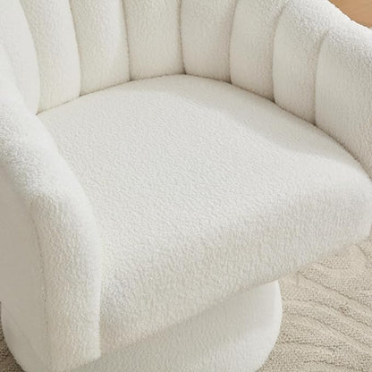Swivel Accent Chair,Upholstered Teddy 360° Swivel Barrel Chair for Living Room Overstuffed Bouncle Reading Chair Round Armchair for Bedroom,Vanity,Office-White