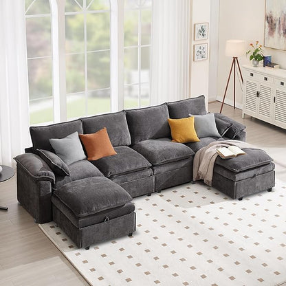 130" U Shaped Modular Sectional Sofa, Couch with Ottoman Storage, Chenille Cloud Couch with Plush Deep Seating for Living Room, Bedroom (6 Seat, Grey)