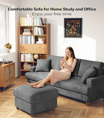 Kidirect 87in Corduroy Couch, Sofa No Tool Assembly, Comfy Couches for Living Room 21in Deeper Seats, Corduroy Sofas for Living Room with 2 Pillows, Oversized Loveseat Sofa, Boho Love Seat Grey Couch