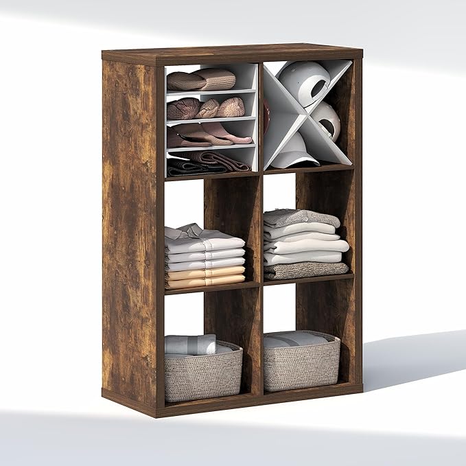 Furinno Cubic Closet Organizers and Storage, 6-Cube Closet Organizer, Open Shelf Closet Storage, Extra Thick Frame for Wardrobe, Bedroom, Living Room, Amber Pine