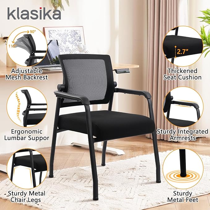 4PK Office Guest Chairs No Wheels | Ergonomic Lumbar Support and Thicked Seats Cushion, Desk Chair with Adjustable Mesh Back for Waiting Room School Church Reception，Black