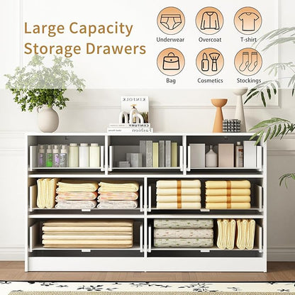 3-Piece Modern Bedroom Furniture Set, Wide 7-Drawer Dresser & 3-Drawer Nightstands Set of 2, Natural Wood Dresser and Nightstand Sets for Bedroom, Hallway, White