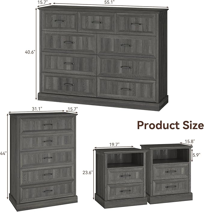 Farmhouse Dresser and Nightstand Sets, 4Pcs Bedroom Furniture Set, Nightstand Set of 2 & 55" Wide 9 Drawer and 44" Tall 5 Drawer Dresser with Large Drawers & Bar Handles, Grey
