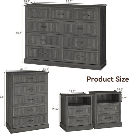 Farmhouse Dresser and Nightstand Sets, 4Pcs Bedroom Furniture Set, Nightstand Set of 2 & 55" Wide 9 Drawer and 44" Tall 5 Drawer Dresser with Large Drawers & Bar Handles, Grey