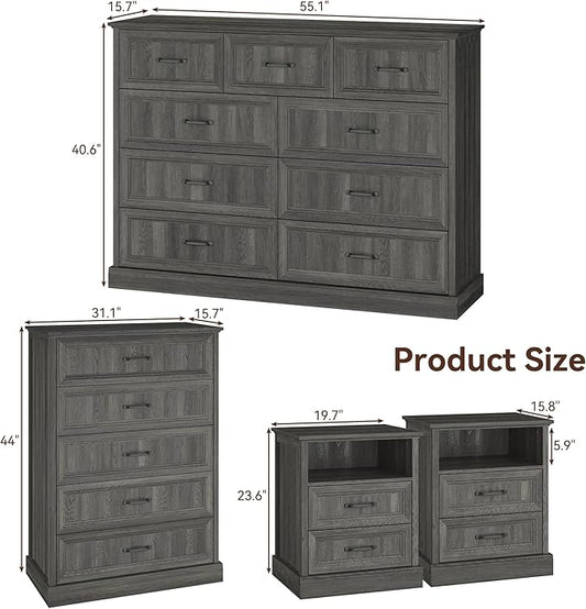 Farmhouse Dresser and Nightstand Sets, 4Pcs Bedroom Furniture Set, Nightstand Set of 2 & 55" Wide 9 Drawer and 44" Tall 5 Drawer Dresser with Large Drawers & Bar Handles, Grey