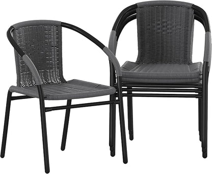 EMMA + OLIVER Set of 4 Modern Rattan Indoor/Outdoor Stack Chairs, Stacking Rattan Patio Chairs with Curved Back and Cross Bracing, Gray