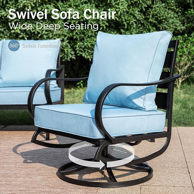 PHI VILLA Patio Furniture Set with Fire Pit Table,1x 3-Seat Wide Deep Seating Bench Sofa, 2 Swivel Sofa Chair, 2 x Leg Chairs,1 Fire Pit Table,Outdoor Conversation Set for 7,Light Blue