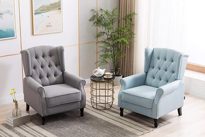Artechworks Winged Fabric Modern Accent Chair Tufted Arm Club Chair Linen Single Sofa with Wooden Legs Comfy Upholstered for Reading Living Room Bedroom Office,Light Blue